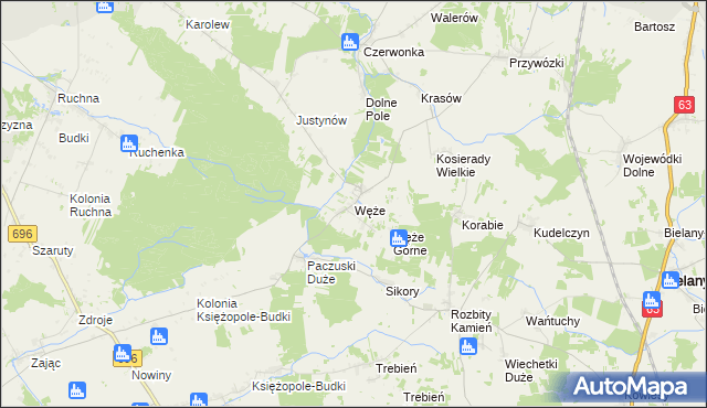 mapa Węże gmina Sokołów Podlaski, Węże gmina Sokołów Podlaski na mapie Targeo