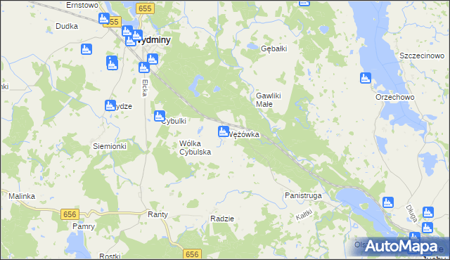 mapa Wężówka gmina Wydminy, Wężówka gmina Wydminy na mapie Targeo