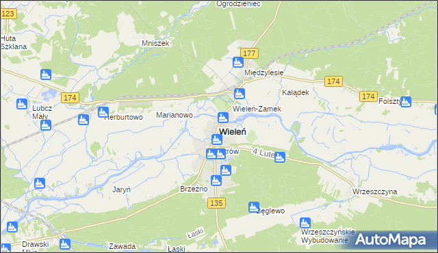mapa Wieleń powiat czarnkowsko-trzcianecki, Wieleń powiat czarnkowsko-trzcianecki na mapie Targeo