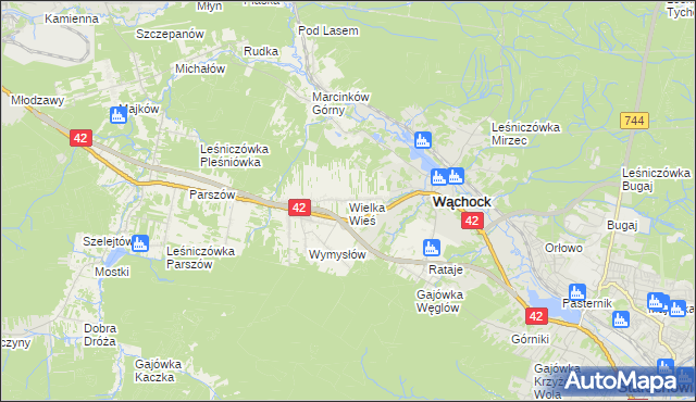 mapa Wielka Wieś gmina Wąchock, Wielka Wieś gmina Wąchock na mapie Targeo