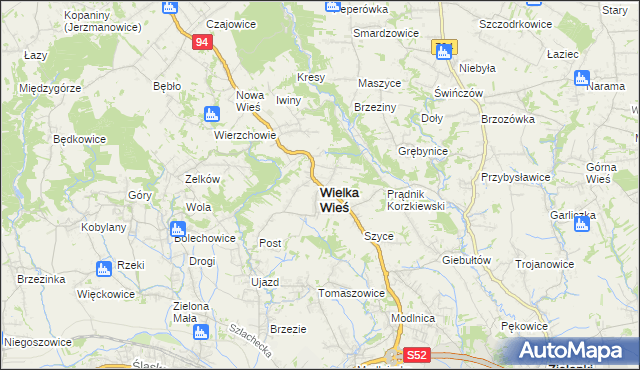 mapa Wielka Wieś powiat krakowski, Wielka Wieś powiat krakowski na mapie Targeo
