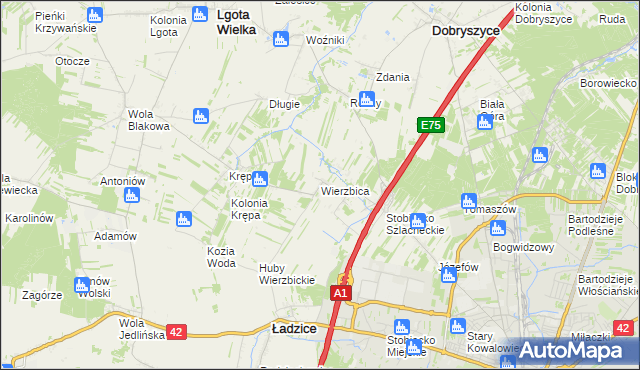 mapa Wierzbica gmina Ładzice, Wierzbica gmina Ładzice na mapie Targeo