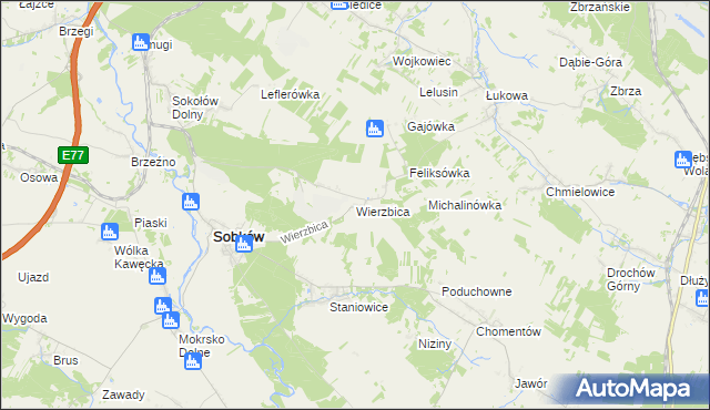 mapa Wierzbica gmina Sobków, Wierzbica gmina Sobków na mapie Targeo