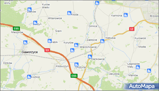 mapa Wierzchowice gmina Gaworzyce, Wierzchowice gmina Gaworzyce na mapie Targeo