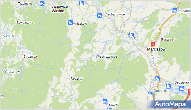 mapa Wieściszowice, Wieściszowice na mapie Targeo