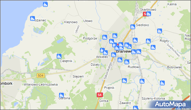 mapa Wikielec gmina Braniewo, Wikielec gmina Braniewo na mapie Targeo