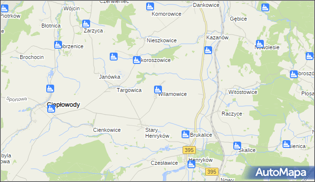 mapa Wilamowice gmina Ciepłowody, Wilamowice gmina Ciepłowody na mapie Targeo