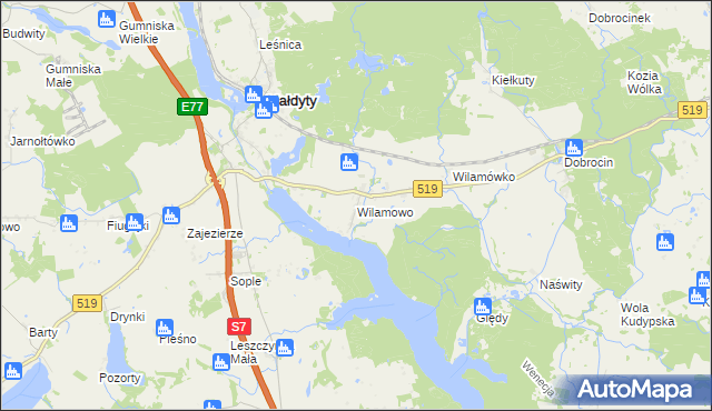 mapa Wilamowo gmina Małdyty, Wilamowo gmina Małdyty na mapie Targeo