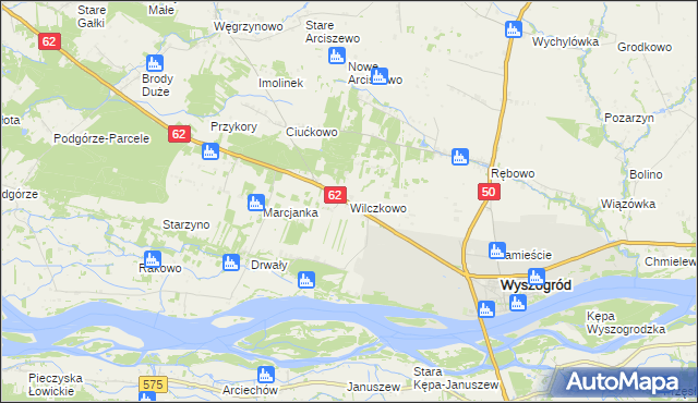 mapa Wilczkowo gmina Wyszogród, Wilczkowo gmina Wyszogród na mapie Targeo