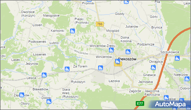 mapa Wincentów gmina Piekoszów, Wincentów gmina Piekoszów na mapie Targeo