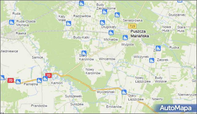 mapa Wincentów gmina Puszcza Mariańska, Wincentów gmina Puszcza Mariańska na mapie Targeo