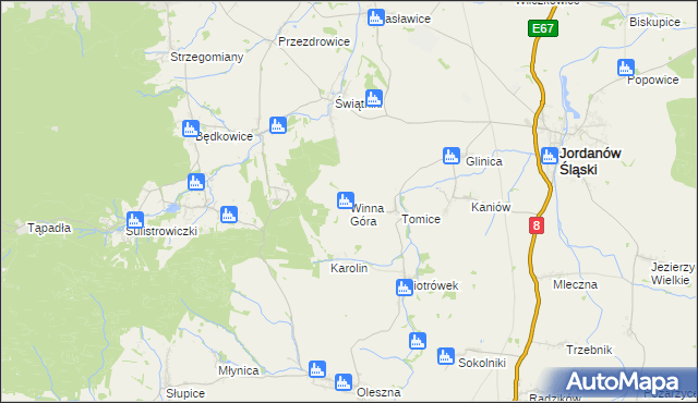 mapa Winna Góra gmina Jordanów Śląski, Winna Góra gmina Jordanów Śląski na mapie Targeo