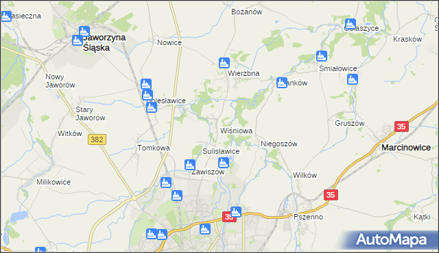 mapa Wiśniowa gmina Świdnica, Wiśniowa gmina Świdnica na mapie Targeo