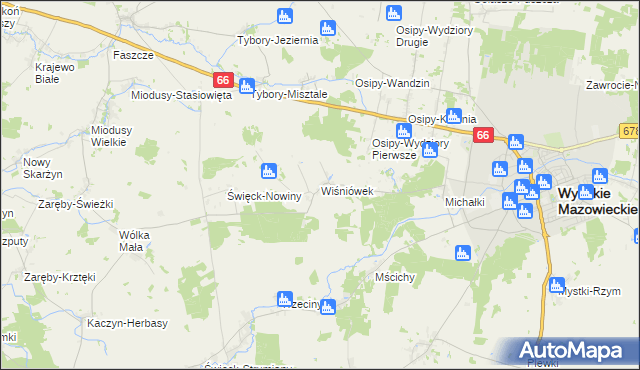 mapa Wiśniówek gmina Wysokie Mazowieckie, Wiśniówek gmina Wysokie Mazowieckie na mapie Targeo