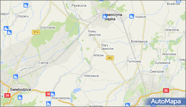 mapa Witków gmina Jaworzyna Śląska, Witków gmina Jaworzyna Śląska na mapie Targeo