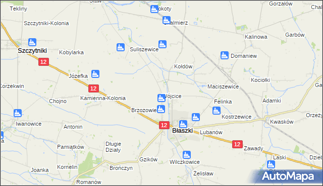 mapa Wójcice gmina Błaszki, Wójcice gmina Błaszki na mapie Targeo