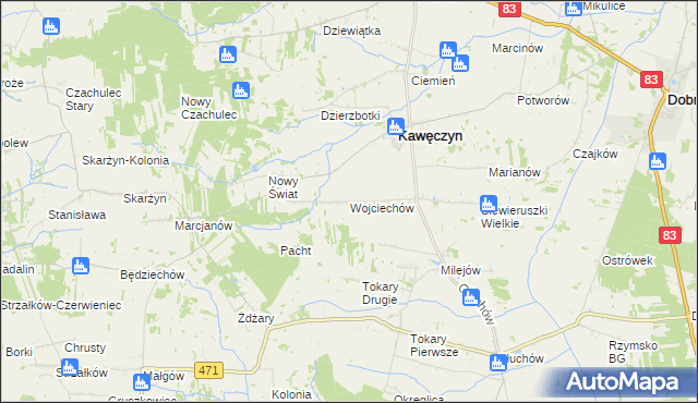 mapa Wojciechów gmina Kawęczyn, Wojciechów gmina Kawęczyn na mapie Targeo