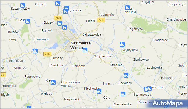 mapa Wojciechów gmina Kazimierza Wielka, Wojciechów gmina Kazimierza Wielka na mapie Targeo
