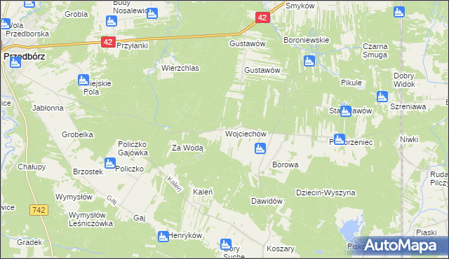 mapa Wojciechów gmina Przedbórz, Wojciechów gmina Przedbórz na mapie Targeo