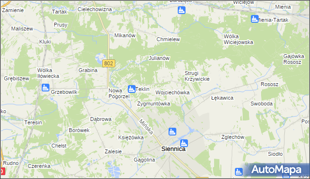 mapa Wojciechówka gmina Siennica, Wojciechówka gmina Siennica na mapie Targeo