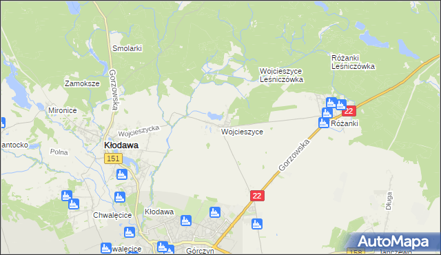 mapa Wojcieszyce gmina Kłodawa, Wojcieszyce gmina Kłodawa na mapie Targeo