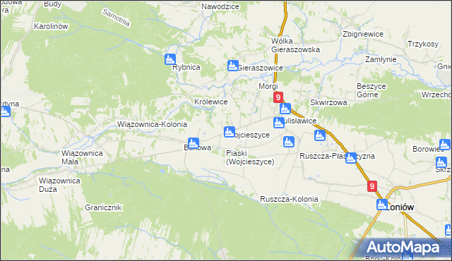 mapa Wojcieszyce gmina Łoniów, Wojcieszyce gmina Łoniów na mapie Targeo