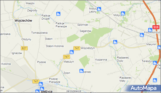 mapa Wojcieszyn gmina Bełżyce, Wojcieszyn gmina Bełżyce na mapie Targeo