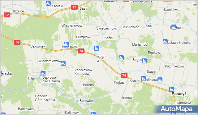 mapa Wójcin gmina Paradyż, Wójcin gmina Paradyż na mapie Targeo