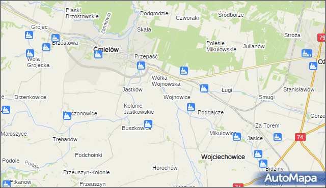 mapa Wojnowice gmina Ćmielów, Wojnowice gmina Ćmielów na mapie Targeo