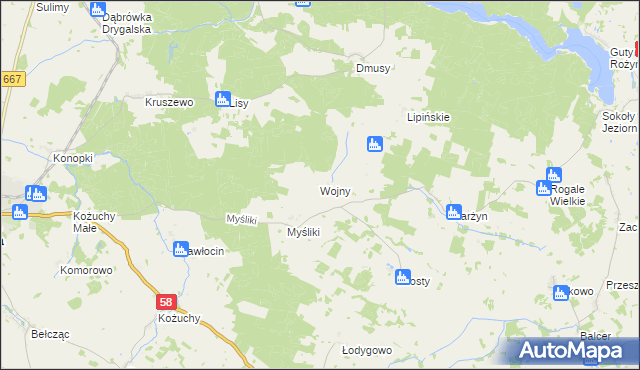 mapa Wojny gmina Biała Piska, Wojny gmina Biała Piska na mapie Targeo