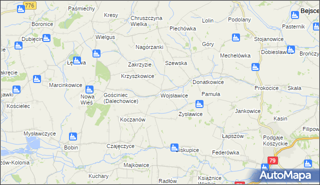 mapa Wojsławice gmina Kazimierza Wielka, Wojsławice gmina Kazimierza Wielka na mapie Targeo