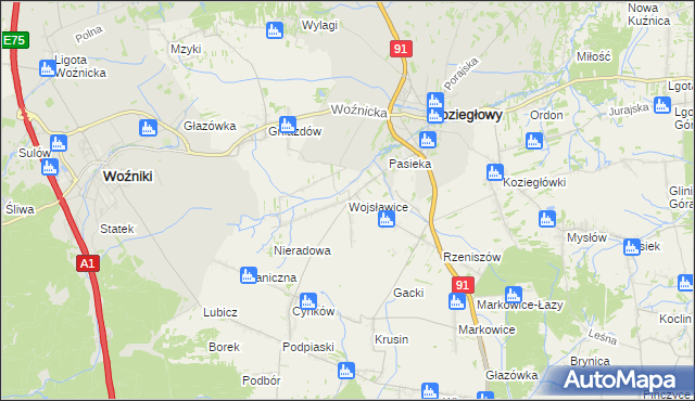 mapa Wojsławice gmina Koziegłowy, Wojsławice gmina Koziegłowy na mapie Targeo