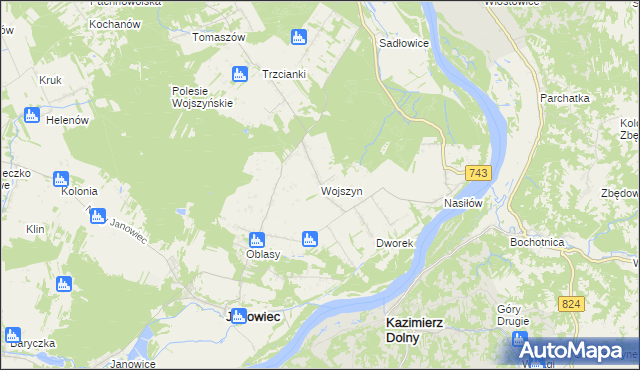 mapa Wojszyn gmina Janowiec, Wojszyn gmina Janowiec na mapie Targeo