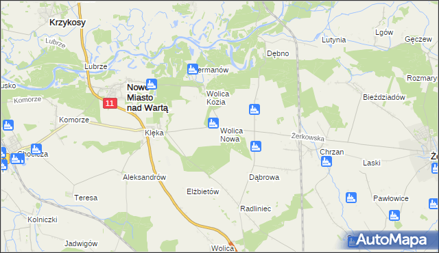 mapa Wolica Nowa gmina Nowe Miasto nad Wartą, Wolica Nowa gmina Nowe Miasto nad Wartą na mapie Targeo