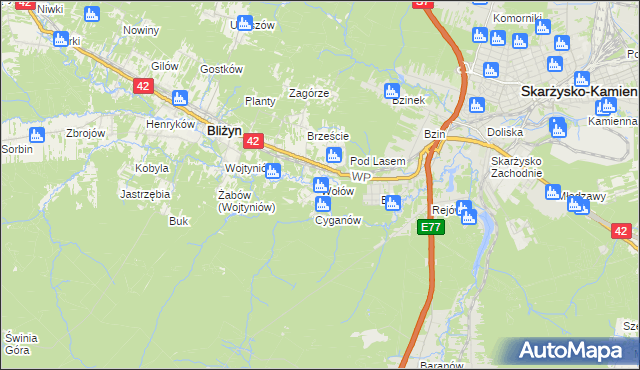mapa Wołów gmina Bliżyn, Wołów gmina Bliżyn na mapie Targeo