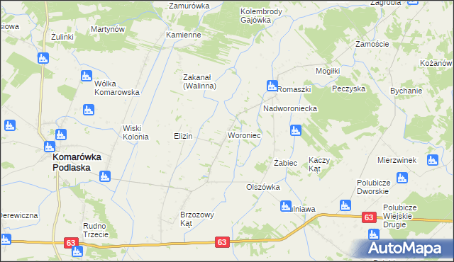 mapa Woroniec gmina Komarówka Podlaska, Woroniec gmina Komarówka Podlaska na mapie Targeo