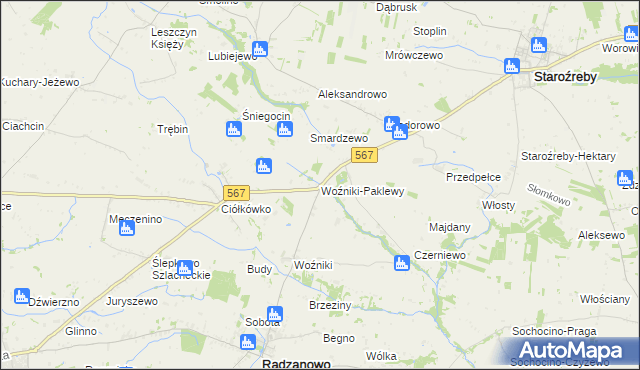 mapa Woźniki-Paklewy, Woźniki-Paklewy na mapie Targeo