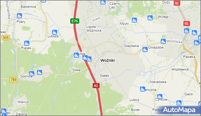 mapa Woźniki powiat lubliniecki, Woźniki powiat lubliniecki na mapie Targeo