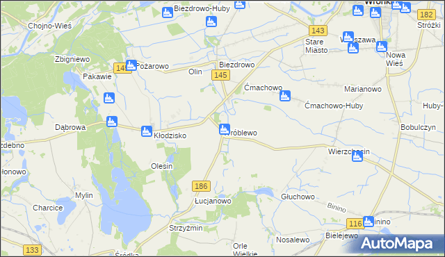mapa Wróblewo gmina Wronki, Wróblewo gmina Wronki na mapie Targeo