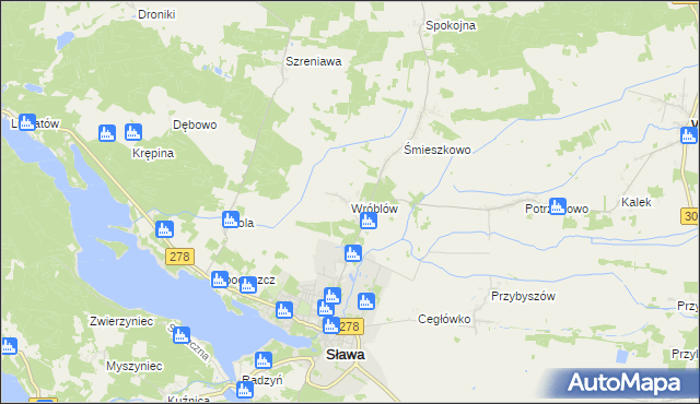 mapa Wróblów gmina Sława, Wróblów gmina Sława na mapie Targeo