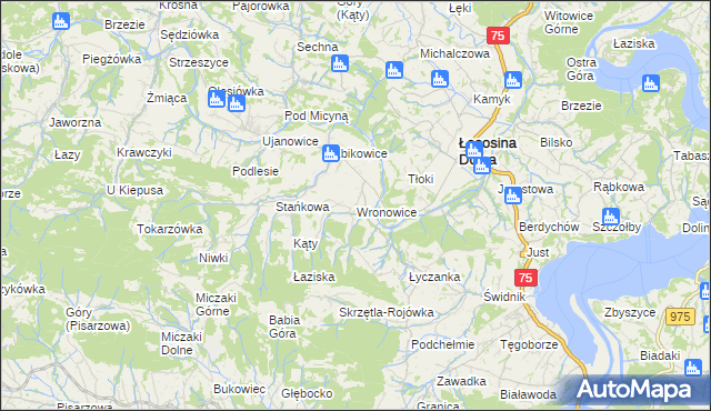 mapa Wronowice gmina Łososina Dolna, Wronowice gmina Łososina Dolna na mapie Targeo