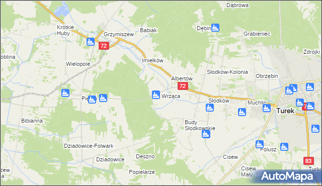 mapa Wrząca gmina Turek, Wrząca gmina Turek na mapie Targeo