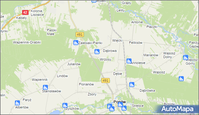 mapa Wrzosy gmina Popów, Wrzosy gmina Popów na mapie Targeo