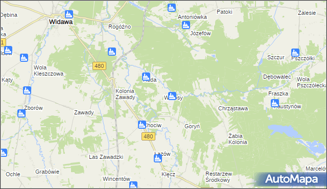 mapa Wrzosy gmina Widawa, Wrzosy gmina Widawa na mapie Targeo