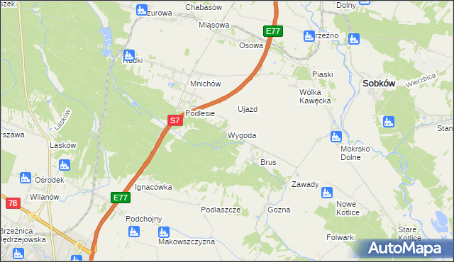 mapa Wygoda gmina Jędrzejów, Wygoda gmina Jędrzejów na mapie Targeo