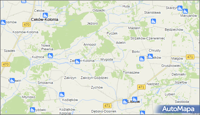 mapa Wygoda gmina Lisków, Wygoda gmina Lisków na mapie Targeo