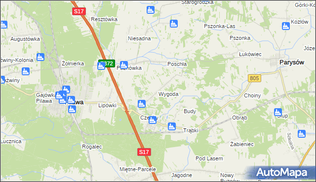 mapa Wygoda gmina Pilawa, Wygoda gmina Pilawa na mapie Targeo