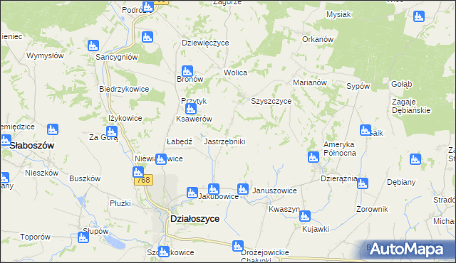 mapa Wymysłów gmina Działoszyce, Wymysłów gmina Działoszyce na mapie Targeo