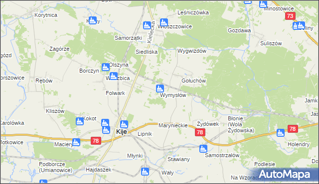 mapa Wymysłów gmina Kije, Wymysłów gmina Kije na mapie Targeo