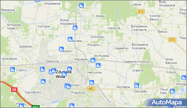 mapa Wymysłów gmina Zduńska Wola, Wymysłów gmina Zduńska Wola na mapie Targeo
